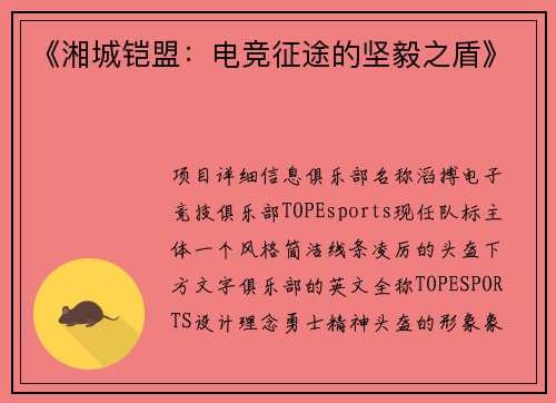 《湘城铠盟：电竞征途的坚毅之盾》